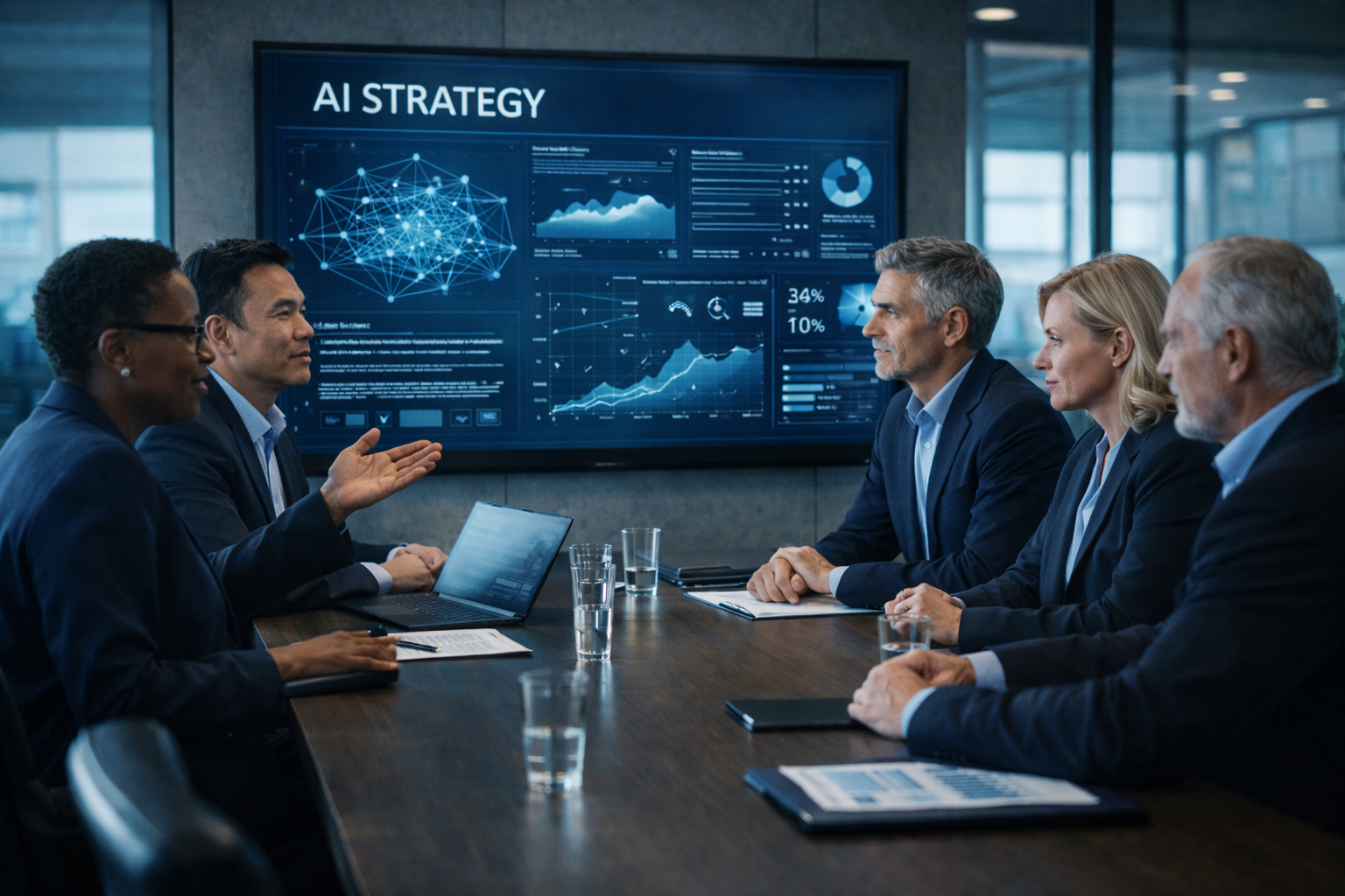Senior executives in a boardroom AI strategy session with analytics dashboard